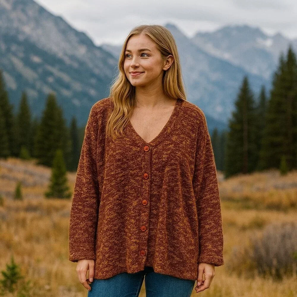 Venezia Vitale‎ Rust Orange Knit Button up Wool Blend Cardigan Cozy Cabincore 3X